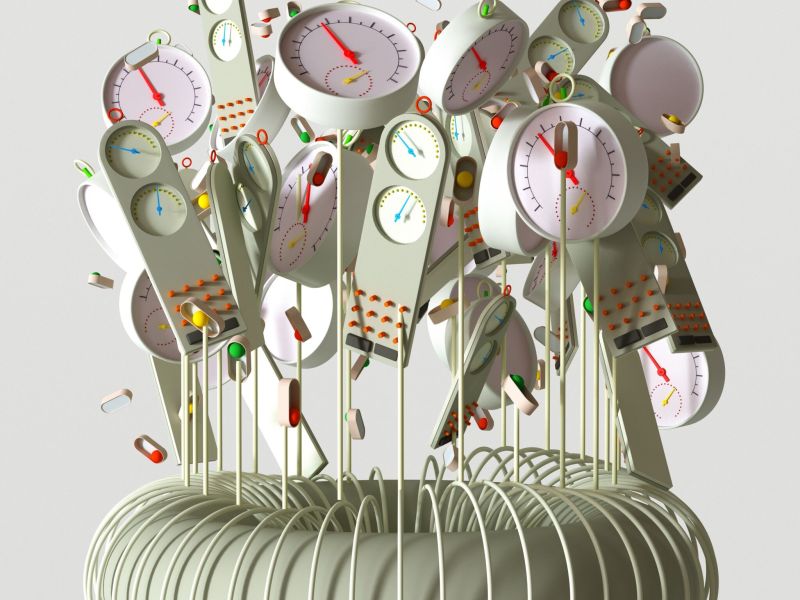 green and red clocks sticking up from a coil