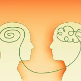 Two profiles connected by a line, one thought tangled and one ordered